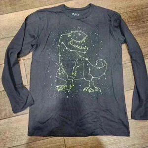 Children's Place Boys XL 14 Long Sleeve Tee Dark Grey Green Dinosaur